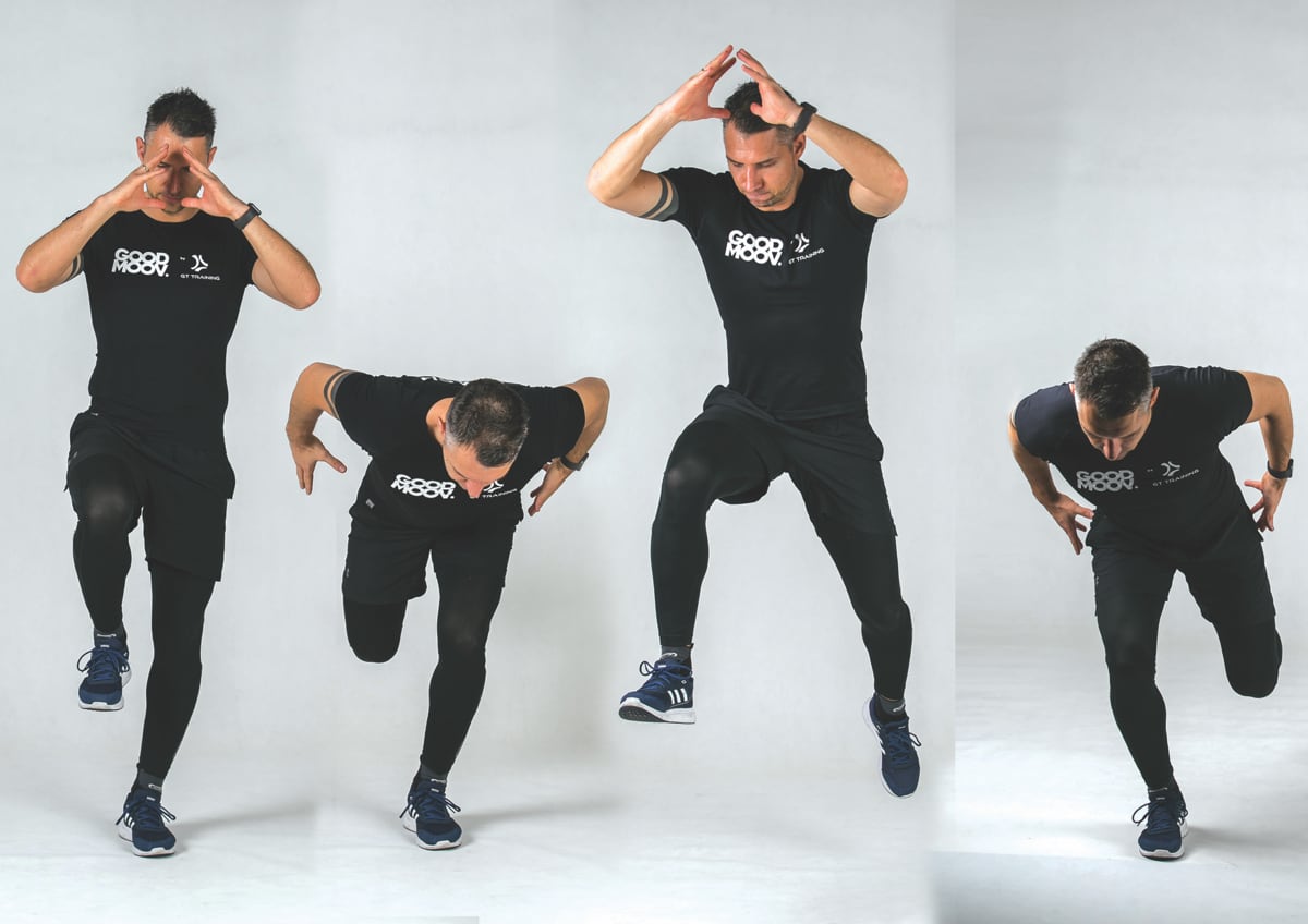 Przeskoki bokiem z jednej nogi na drugą po przekątnej (horyzontalnie – bocznie 45º)