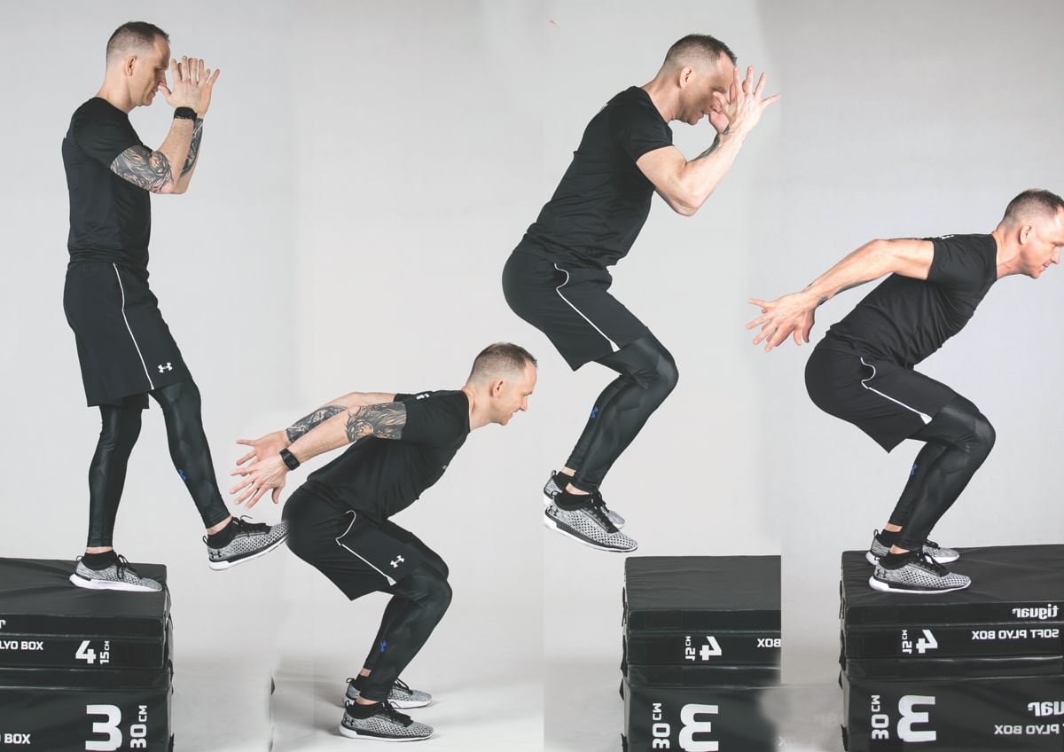 Zeskok z boxa obunóż i wskok na box