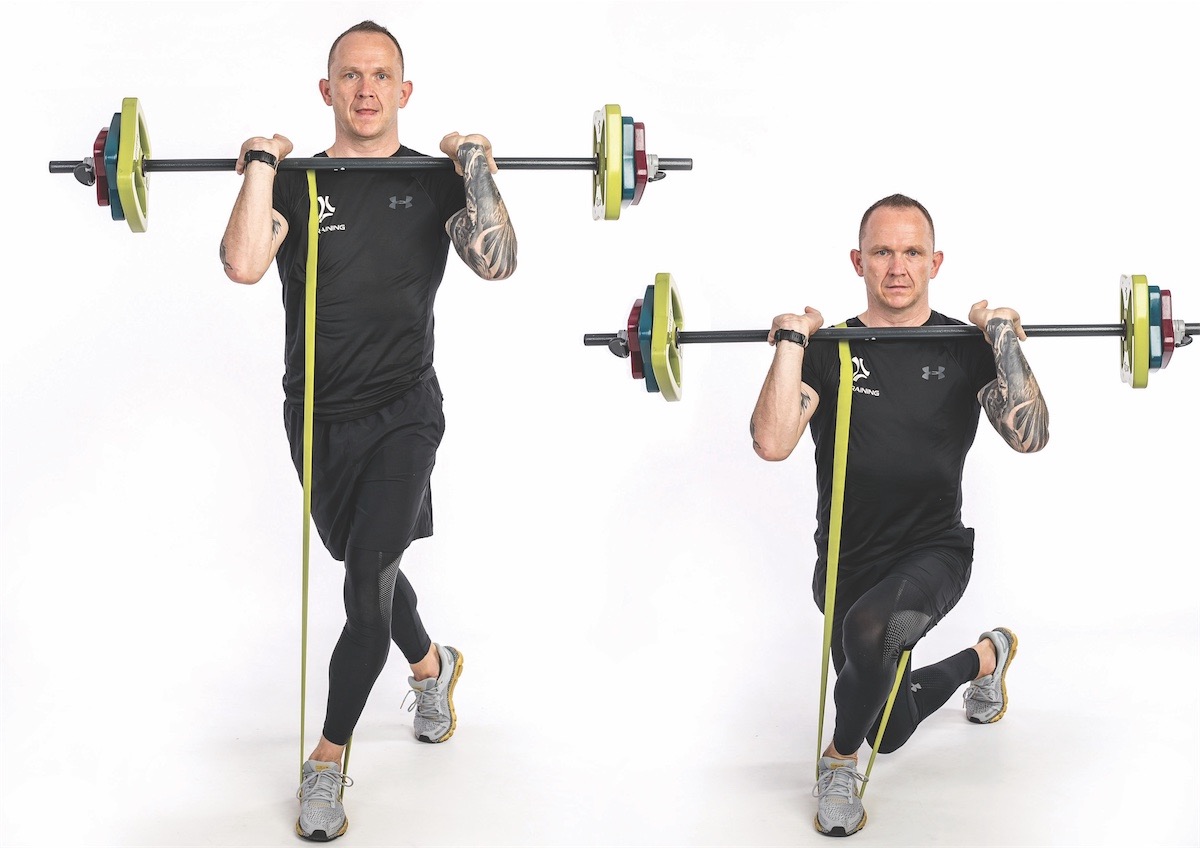 Overhead Barbell Band Cross Lunge