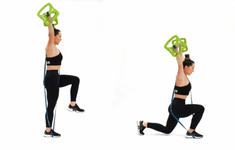 Lunge Leg Raises Cross Band Barbell Overhead